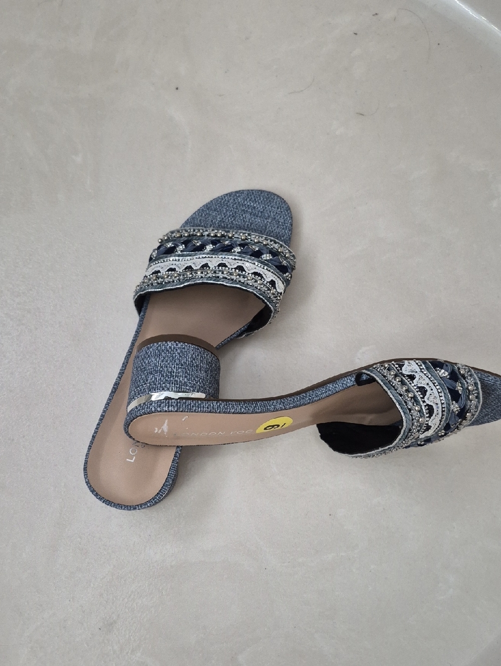 London Fog Blue Embellished Slip-On Block Heel Mules